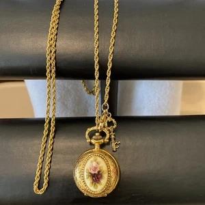 1928 Pendant Necklace Watch Women Locket Gold Tone Floral Enamel Need Battery - Picture 1 of 5