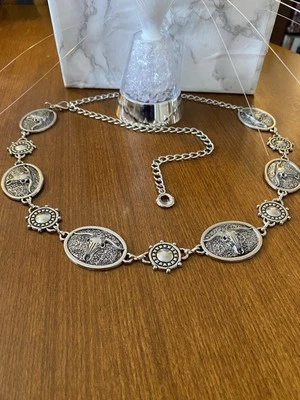 Vintage Style Silver Metal Bull Head Conchos & Medallion Waist Chain Belt - Image 1 of 4