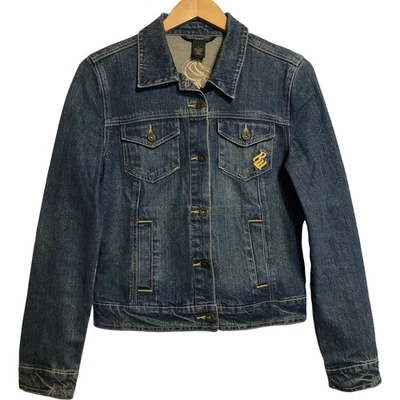 Vintage Y2K Rocawear Women's Gold Embroidery Denim Blue Jean Jacket L - Image 1 of 4