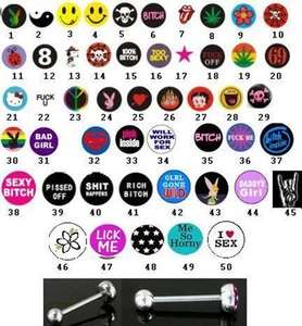 50 Logo tongue bars, kitty, bunny, rude, offensive, pot leaf smileys  many more - Picture 1 of 1