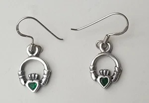 Sterling 925 Claddagh Emerald Hook Earrings- Small - Picture 1 of 8