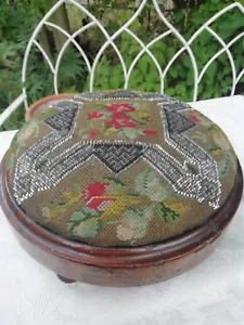 Victorian Needlepoint & Bead Work Round Foot Stool Original Condition Circa 1870 - Picture 1 of 9