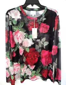 Johnny Was Jade XXL 2XL top ROSES on BLACK stretchy soft mesh crew neck tee NWT - Picture 1 of 5