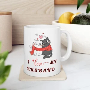 Taza I Love My Husband para café o té | Linda taza de cerámica de gato pareja amor - Imagen 1 de 8