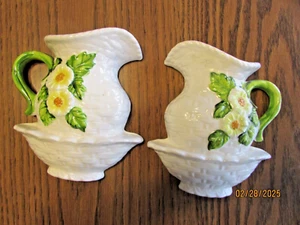 2 Vintage Lefton Daisy Pitcher Basket Weave White Wall Pocket Vases 4467 - Picture 1 of 5