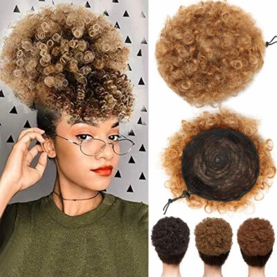 Afro Bun Ponytail Kinky Curly Short Updo Drawstring Hair Extensions as human HYT - Image 1 of 4