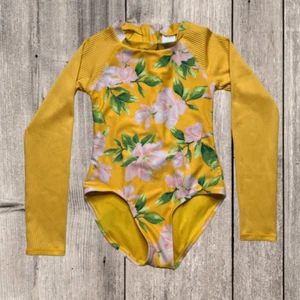 Art Class Girl's Yellow Floral Mixed Media Back Zip One Piece Rash Guard Medium - Picture 1 of 6