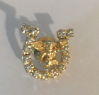 Vintage Gold Tone Rhinestone Angel Horseshoe Cherub Small Pin
