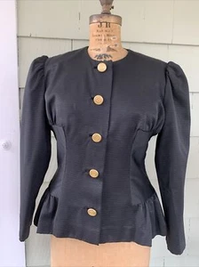 1980s Kevan Hall Black Full Shoulder Gold Metal Buttons Jacket Top Medium B 39 - Bild 1 von 14
