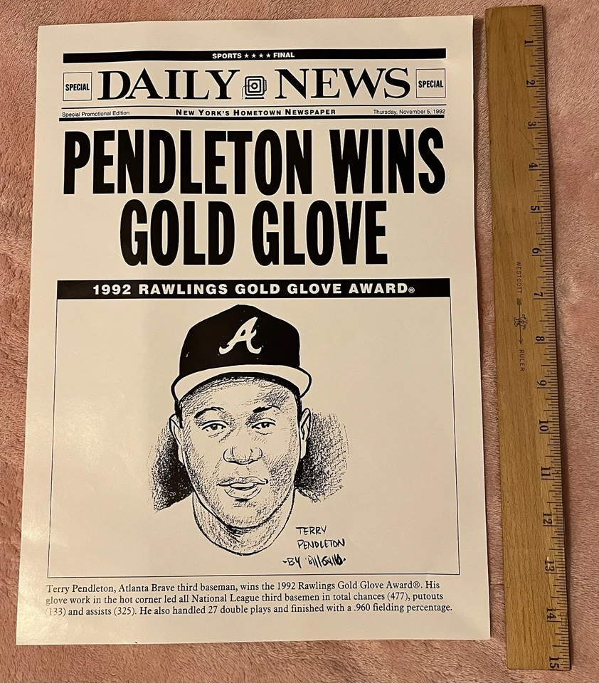 Póster ganador del Guante de Oro Terry Pendleton Atlanta Braves 1992 por Bill Gallo Foto 1 de 1