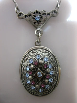 1928 SILVER TONE BLUE PINK RHINESTONE EARRINGS & LOCKET CHAIN NECKLACE SET - Image 1 of 4