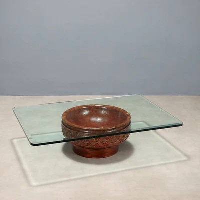 Table Basse Ancienne Plateau en Verre Terre Cuite XXe Siècle Originale - Photo 1/4