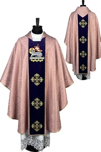 CHASUBLE Rose Gothic style vestment, “The Lamb of God” embroidered damask/velvet - Picture 1 of 6
