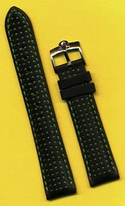 Black Rally Racing Perforated Leather MB Strap Green Stitch, 18mm & Omega Buckle - Picture 1 of 7