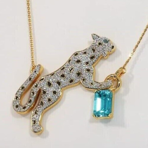 3CT Emerald Cut Lab Created Blue Topaz Leopard Pendant In 14K Yellow Gold Plated