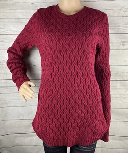 Jeanne Pierre Sweater Small Deep Red Unique Cable Knit Crew Neck 100% Cotton - Picture 1 of 12