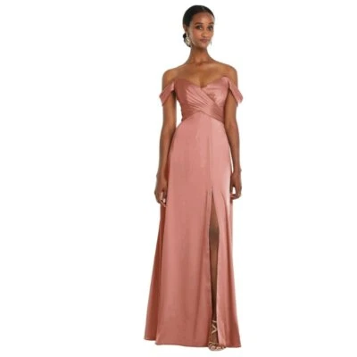 Dessy Collection Off-the-Shoulder Gown With Front Slit - 4 - Desert Rose -NWT - Image 1 of 2