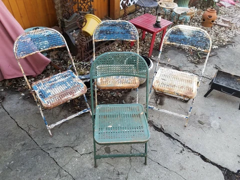 Set Of Rare 1930s To 1940s Perforated Metal Folding Chairs. Matching Set Of 4 Cover