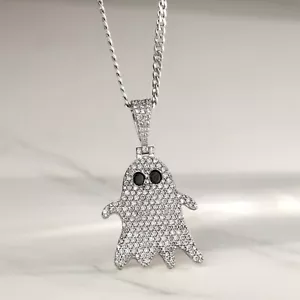 Icedout Ghost Pendant Necklace Small Hiphop Style Jewelry Enamel In 925 Silver - Picture 1 of 8
