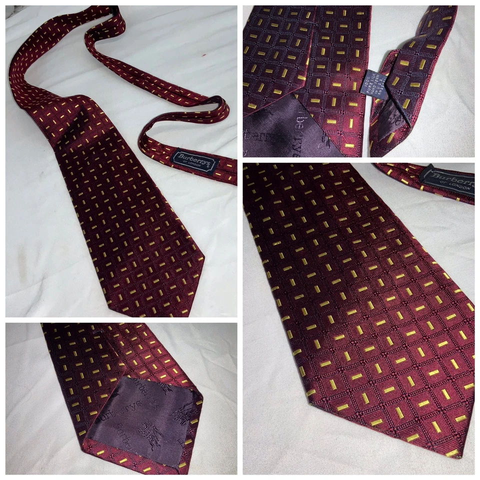 Corbata Burberry London Cuello Borgoña Amarillo Cuadros Seda 3 5/8” 56” EE. UU. YGI G0-494 Foto 1 de 4
