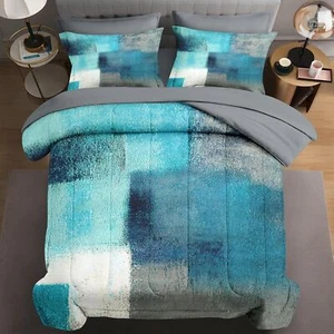 5 Pcs Twin Size Comforter Set with Pillowcase & Sham, Turquoise Grey Painting... - Picture 1 of 7
