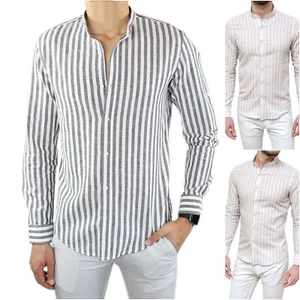 Herren Hemd Slim Fit Langarm Leinen Baumwolle Koreanischer Kragen Koreanisch M L - Bild 1 von 21