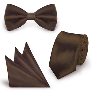 SET Braun (26) Krawatte Fliege Einstecktuch Hochzeit Schlips Busniess slim dünn - Bild 1 von 6