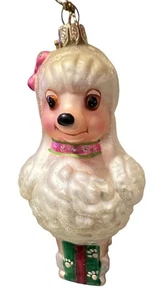 Mark Roberts White Poodle Dog Glass Ornament Green Gift Pink Collar NEW - Picture 1 of 12