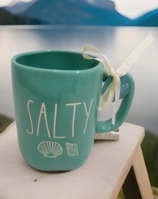 NEW! Rae Dunn Teal Green SALTY Mug White Seashells Summer Beach Mermaid