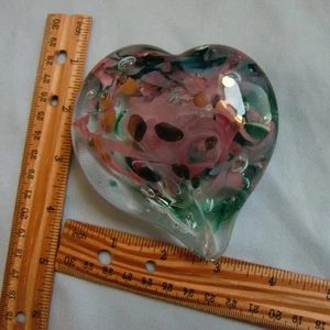 Unsigned Heart Art Glass Paperweight Pink Teal Green Bronze Spots 3.5" No Name - Picture 1 of 4