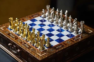 Handmade Luxury Chess Set With Storage Units - Blue Chess Board - Picture 1 of 14