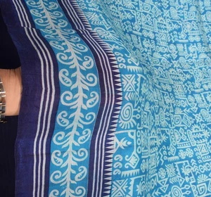 Sushila Vintage Aqua Blue Saree 100% Pure Silk Printed Indian Soft Craft Fabric - Picture 1 of 9
