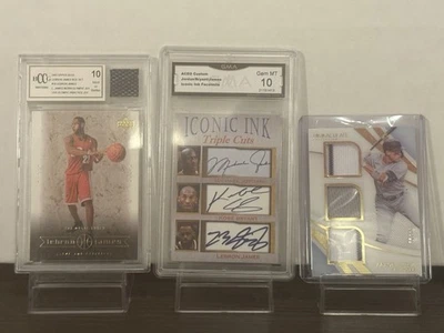 GRADED 10 LEBRON JAMES RC w JERSEY TRIPLE AUTO CARD W JORDAN KOBE JUDGE JERSEY # - Image 1 of 4