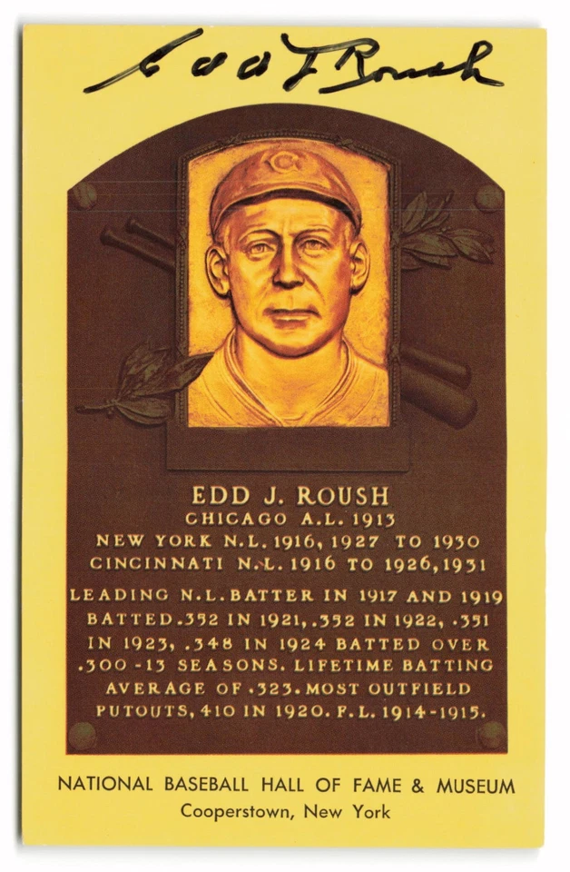 Edd Roush Signed HOF Plaque Postcard Auto Chicago White Sox  - Image 1 of 2