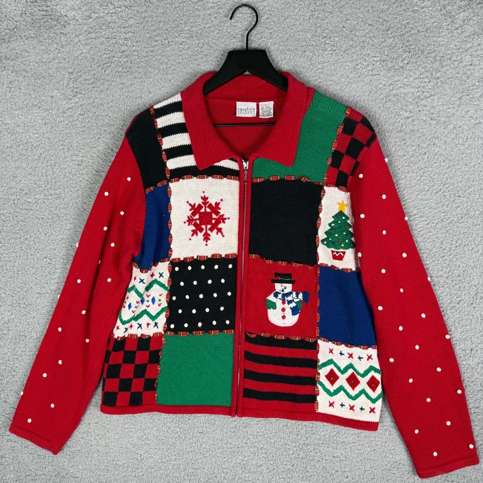 Suéter tejido navideño vintage años 90 para mujer cárdigan grande retazos pesados Foto 1 de 4