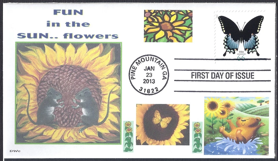 FUN IN THE SUN  SUNFLOWER  BEAR  MICE    FLOWERS     FDC- DWc CACHET - Image 1 of 1