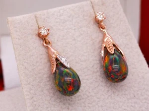 9ct Rose Gold Black Opal & Diamond Briolette Drop Dangling Stud Earrings UK Made - Picture 1 of 10