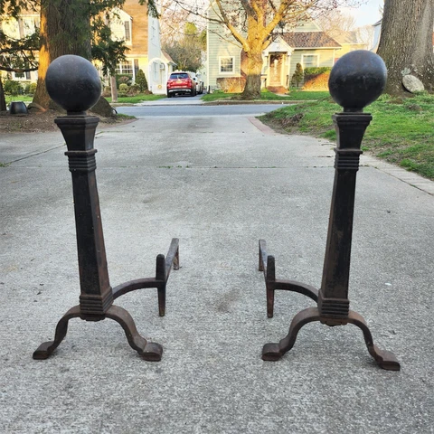 Antique Cannonball Andiron Set Wrought Iron   24" Tall Cover