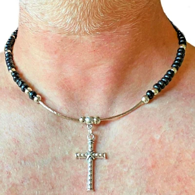 Collana rosario nero con croce  da uomo catenina donna crocifisso lunga 50 cm - Immagine 1 di 4