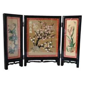 Asiatische Tischplatte schwarz lackiert 3 Platten Paravent geschnitzt Jade Stein Blumen Vögel - Bild 1 von 9