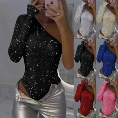 Ladies Glitter Sequin Bodysuit Tops Shirt Sexy Womens Party Leotard Jumpsuit HOT - Image 1 of 4