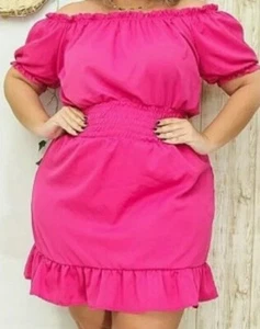 WOMEN PLUS SIZE FUSHIA RUFFLE OFF THE SHOULDER MINI DRESS ( ONE SIZE PLUS ) - Picture 1 of 1