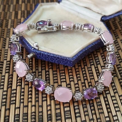 Brazalete de tenis de plata de ley 925, amatista rosa de Francia, gemas de cuarzo rosa Foto 1 de 4