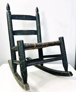 Vintage Rocking Chair Child Size Rush Cane Seat Rustic Stenciled Green Painted - Picture 1 of 15