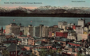 PUGET SOUND Y LAS MONTAÑAS OLÍMPICAS POSTAL SEATTLE WA WASHINGTON AÑOS 1910 - Imagen 1 de 2