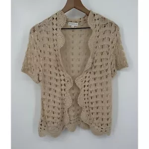 Joseph A Crochet Cardigan Women Large Cream Short Sleeve Scalloped Vintage - Picture 1 of 10