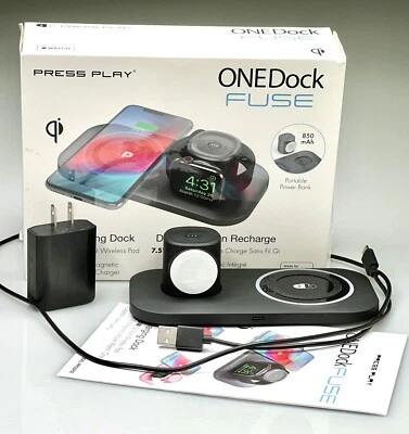 Cargador de teléfono Qi FUSE PRESS PLAY ONEDock con cargador inalámbrico para Apple Watch. IMF Foto 1 de 4