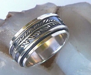 Hand made in USA Art Massive925 Sterling Silver With Feather Design Spinner Ring - Picture 1 of 11