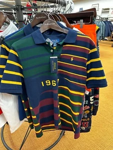 Polo Ralph Lauren Kids L (14-16) Striped Cotton Mesh Polo Shirt In College Green - Picture 1 of 3