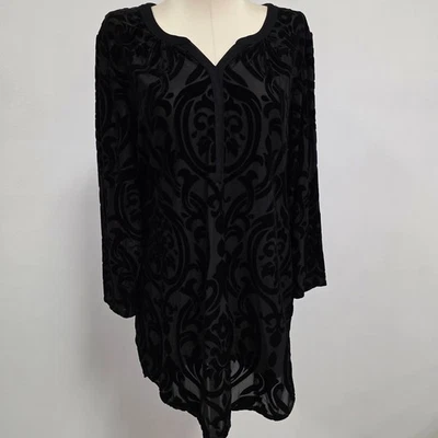Túnica Alfani Black Velvet Burnout tamanho S Flowy tamanho grande caprichoso transparente - Imagem 1 de 4
